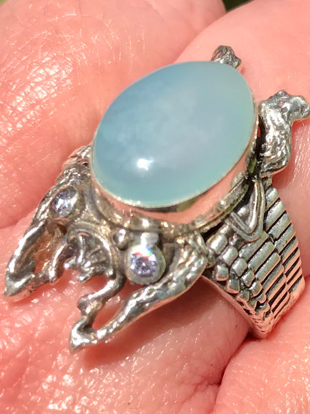 Aqua Chalcedony and White Topaz Frog Ring Size 8 - Morganna’s Treasures 