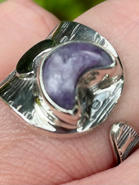 Lepidolite Crescent Moon Ring Size 8 Adjustable - Morganna’s Treasures 