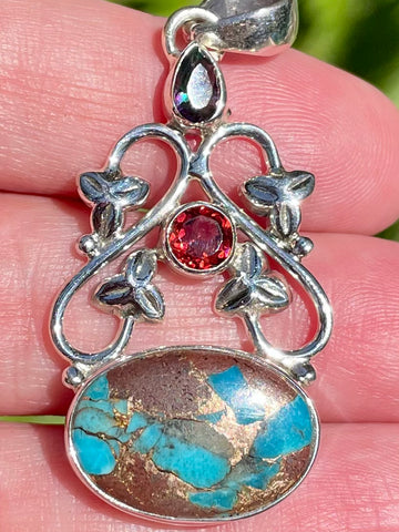 Basalt Turquoise, Garnet and Mystic Topaz Pendant - Morganna’s Treasures 