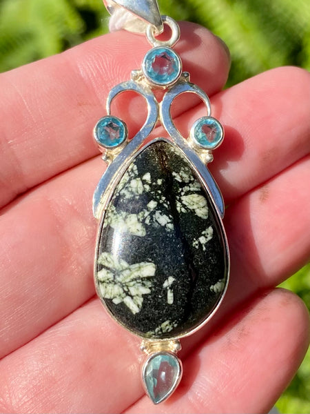 Chinese Writing Stone and Blue Topaz Pendant - Morganna’s Treasures 