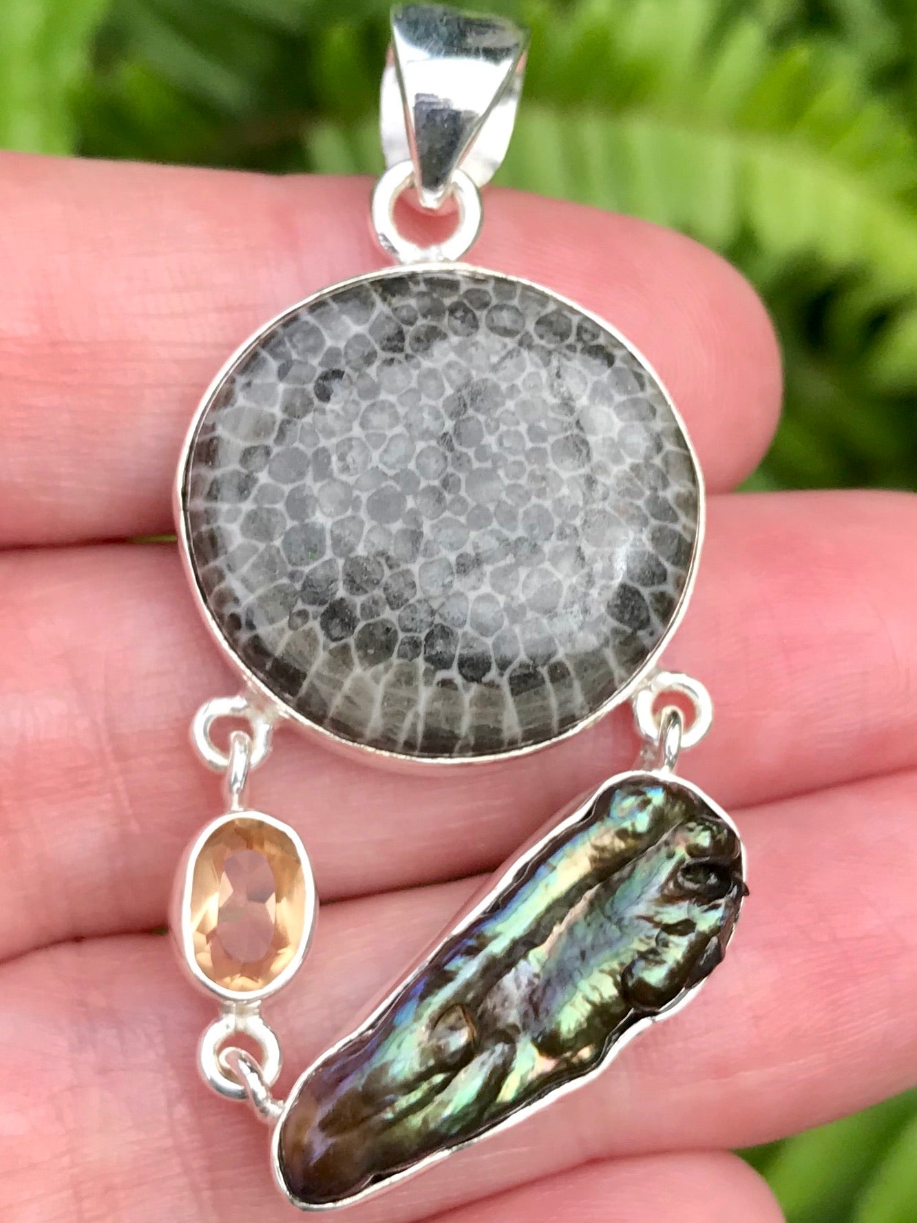 Stingray Coral, Citrine and Biwa Pearl Pendant - Morganna’s Treasures 