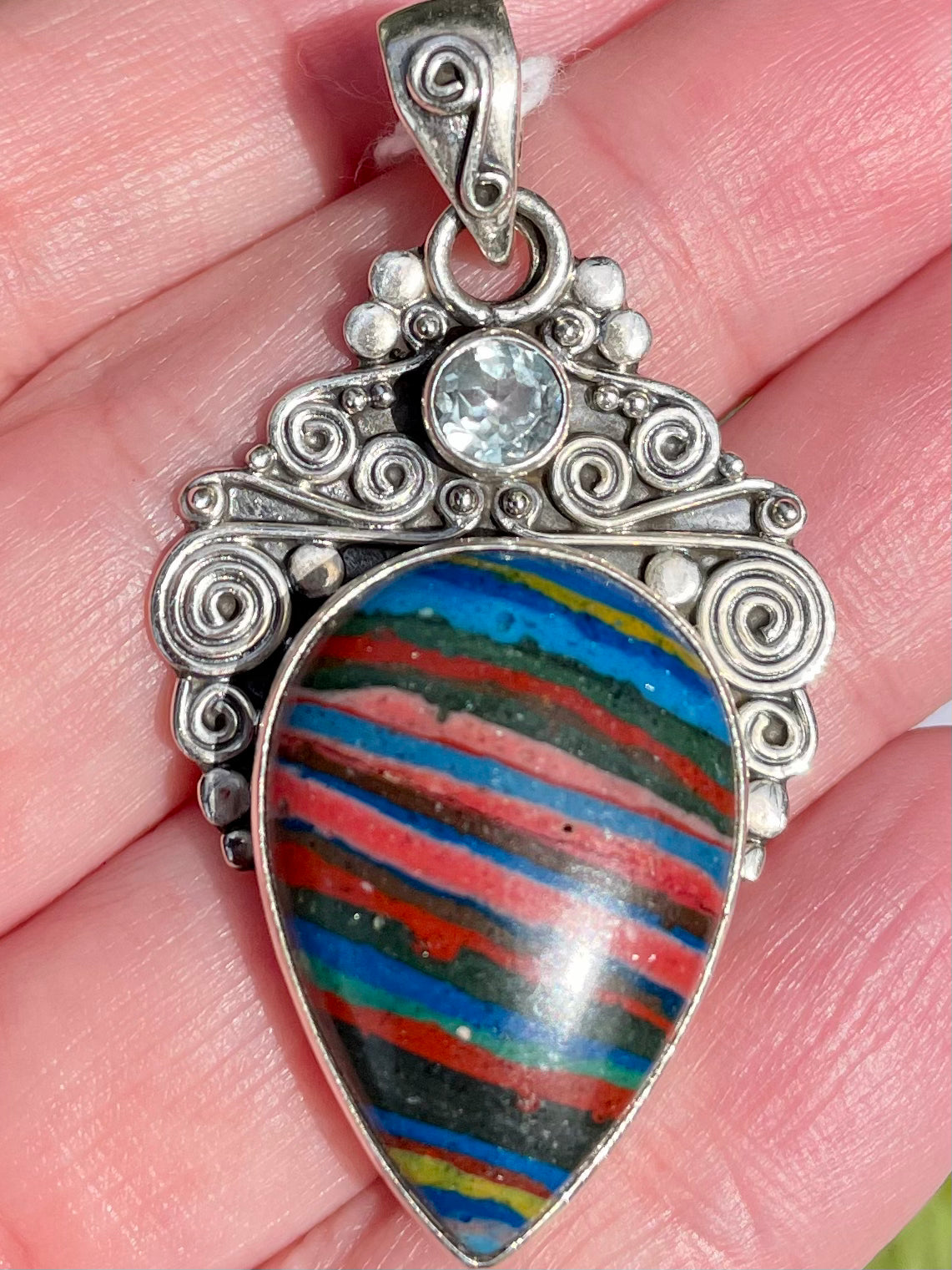 Rainbow Calsilica and Blue Topaz Pendant - Morganna’s Treasures 