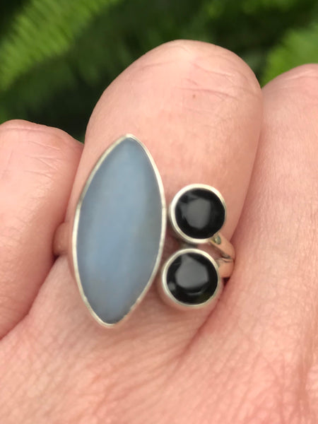 Angelite and Black Onyx Cocktail Ring Size 8 - Morganna’s Treasures 