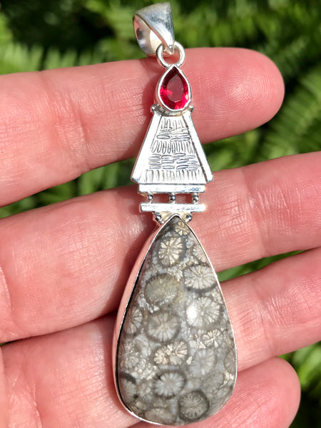 Fossil Coral and Pink Tourmaline Pendant - Morganna’s Treasures 
