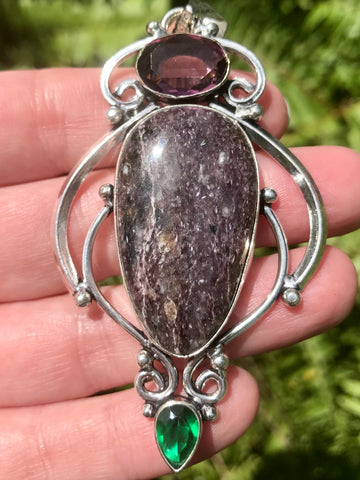 Lepidolite, Amethyst and Tsavorite Pendant - Morganna’s Treasures 