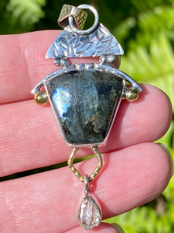 Larvikite (Black Moonstone) and Herkimer Diamond Pendant - Morganna’s Treasures 