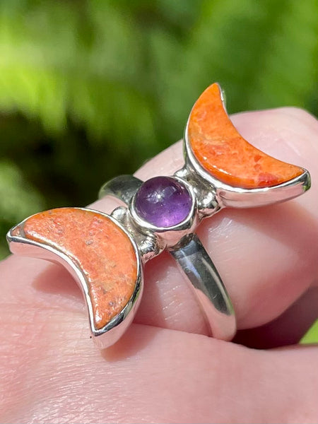 Coral and Amethyst Crescent Moon Ring Size 6 - Morganna’s Treasures 