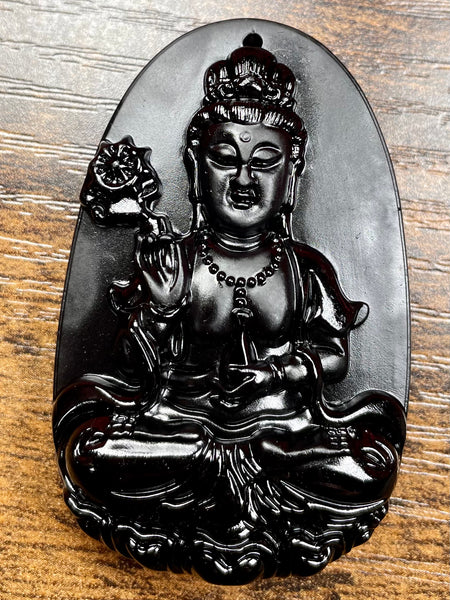 Carved Buddhist Black Obsidian Palm Stone/Pendant - Morganna’s Treasures 