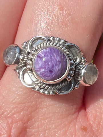 Charoite and Rainbow Moonstone Ring Size 9 - Morganna’s Treasures 