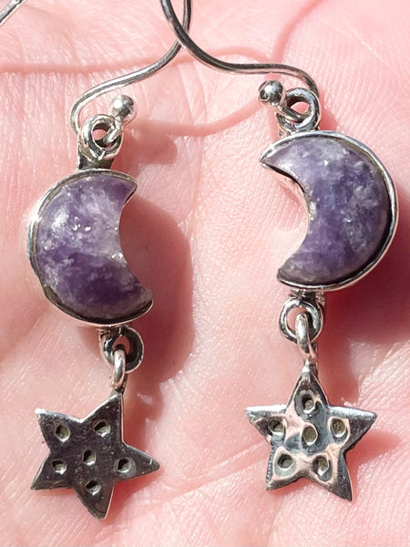 Lepidolite Crescent Moon and Star Earrings - Morganna’s Treasures 