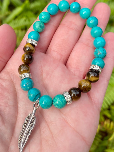 Blue Turquoise and Tigers Eye Feather Bracelet - Morganna’s Treasures 