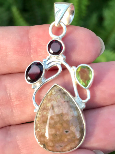 Ocean Jasper, Garnet and Peridot Pendant - Morganna’s Treasures 