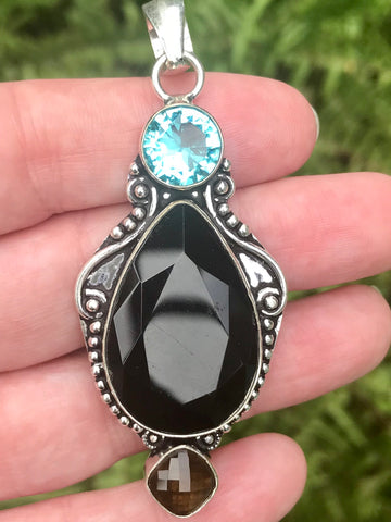 Black Onyx, Blue Topaz and Smoky Quartz Pendant - Morganna’s Treasures 