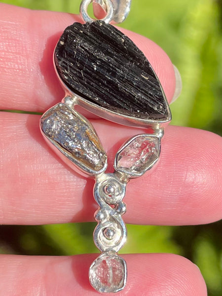 Meteorite Campo del Cielo, Black Tourmaline and Herkimer Diamond Pendant - Morganna’s Treasures 