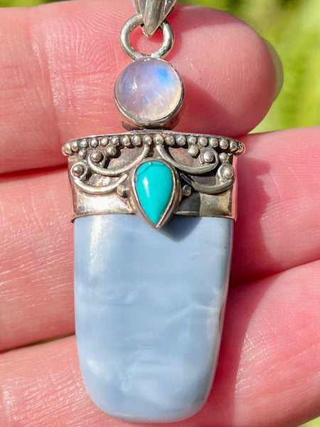 Blue Owyhee Opal, Turquoise and Rainbow Moonstone Pendant - Morganna’s Treasures 