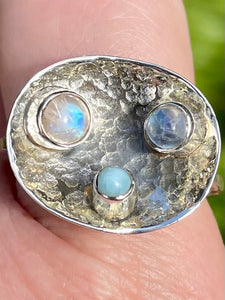 Rainbow Moonstone and Larimar Ring Size 9.5 - Morganna’s Treasures 