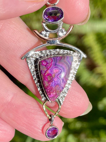 Mexican Laguna Lace Agate and Purple Amethyst Pendant - Morganna’s Treasures 