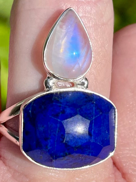 Rainbow Moonstone and Lapis Lazuli Ring Size 9 - Morganna’s Treasures 