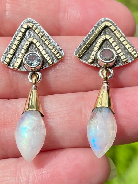Rainbow Moonstone and Blue Topaz Earrings - Morganna’s Treasures 