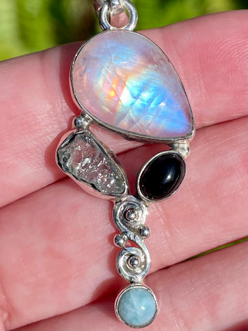Aquamarine, Rainbow Moonstone, Larimar and Black Onyx Pendant - Morganna’s Treasures 