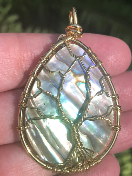 Goldtone Wire-Wrapped Abalone Shell Tree of Life Pendant - Morganna’s Treasures 