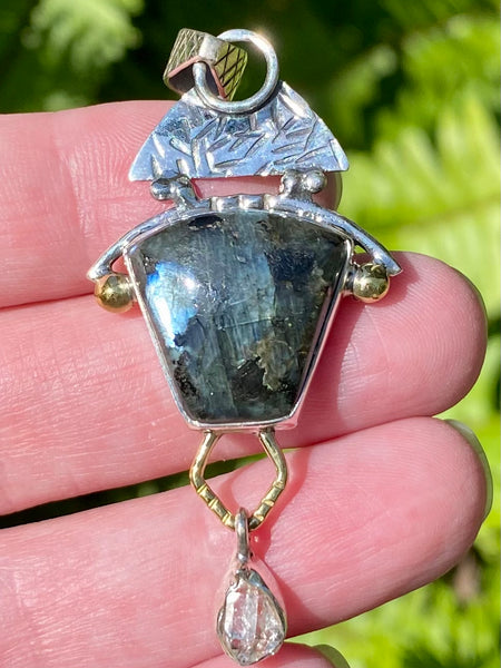 Larvikite (Black Moonstone) and Herkimer Diamond Pendant - Morganna’s Treasures 