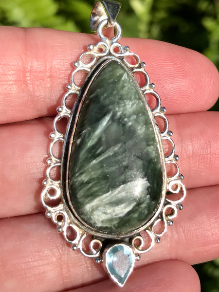 Green Seraphinite and Blue Topaz Pendant - Morganna’s Treasures 