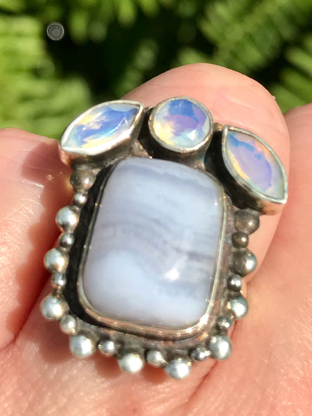 Blue Lace Agate and Opalite Cocktail Ring Size 8 - Morganna’s Treasures 