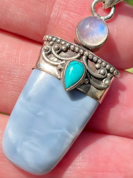 Blue Owyhee Opal, Turquoise and Rainbow Moonstone Pendant - Morganna’s Treasures 
