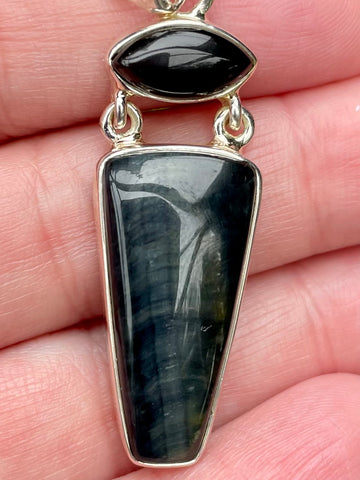 Blue Tigers Eye (Hawk’s Eye) and Black Onyx Pendant - Morganna’s Treasures 