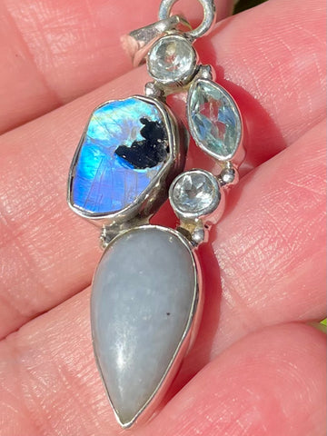 Angelite, Rainbow Moonstone and Blue Topaz Pendant - Morganna’s Treasures 