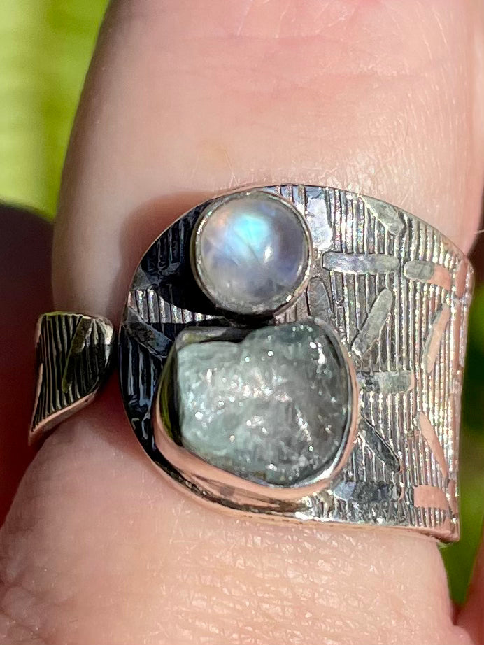 Rainbow Moonstone and Aquamarine Ring Size 8.5 Adjustable - Morganna’s Treasures 