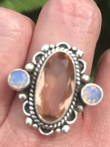 Morganite and Opalite Cocktail Ring Size 8 - Morganna’s Treasures 