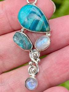 Peruvian Blue Opal, Rainbow Moonstone and Rough Aquamarine Pendant - Morganna’s Treasures 
