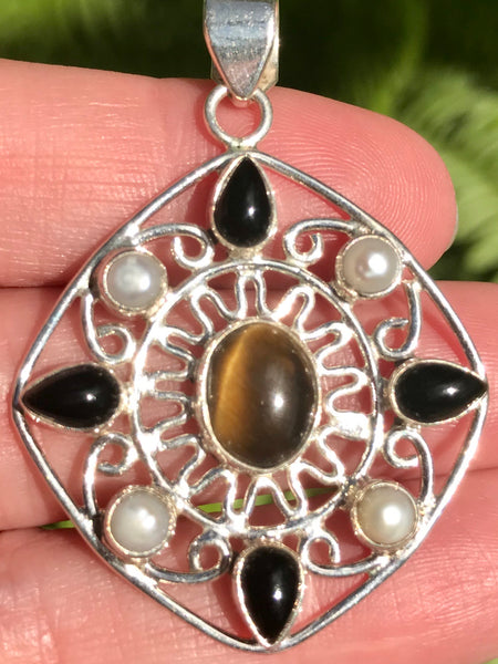 Pearl, Tigers Eye and Black Onyx Pendant - Morganna’s Treasures 