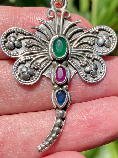 Sapphire, Ruby and Emerald Dragonfly Pendant - Morganna’s Treasures 