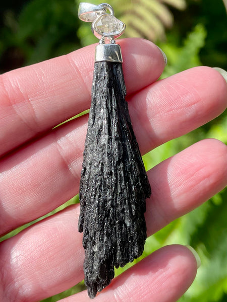 Rough Black Kyanite and Herkimer Diamond Pendant - Morganna’s Treasures 