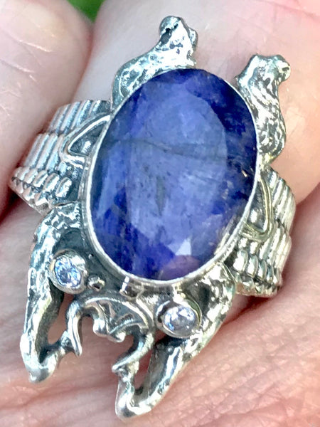 Blue Sapphire and White Topaz Frog Ring Size 7 - Morganna’s Treasures 