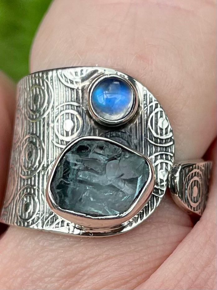 Rainbow Moonstone and Rough Aquamarine Ring Size 7.5 Adjustable - Morganna’s Treasures 