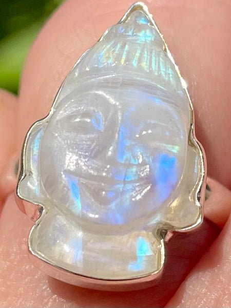 Hand Carved Rainbow Moonstone Buddha Ring Size 8 - Morganna’s Treasures 