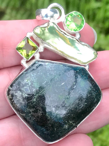 Chrysocolla, Biwa Pearl and Peridot Pendant - Morganna’s Treasures 