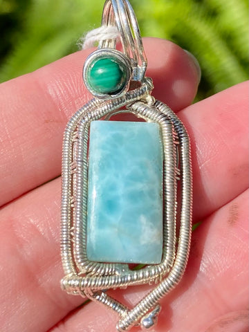 Wire-Wrapped Larimar and Malachite Pendant - Morganna’s Treasures 