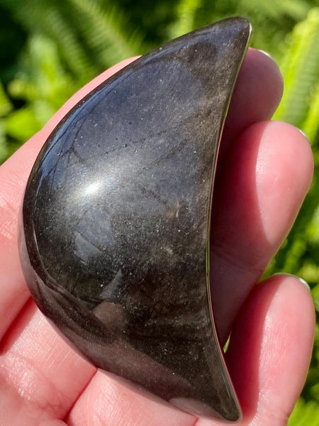 Silver Sheen Obsidian Crescent Moon Palm Stone - Morganna’s Treasures 