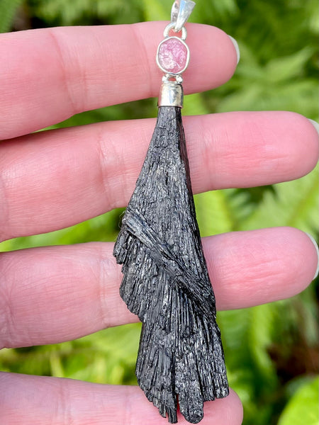 Large Rough Black Kyanite and Pink Tourmaline Pendant - Morganna’s Treasures 