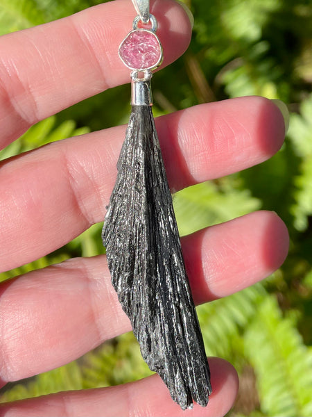 Large Rough Black Kyanite and Pink Tourmaline Pendant - Morganna’s Treasures 