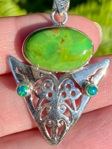 Green Mohave Turquoise and Fire Opal Pendant - Morganna’s Treasures 