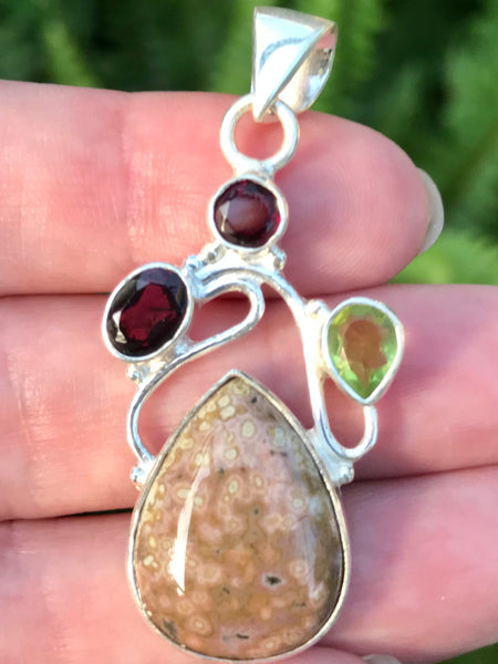 Ocean Jasper, Garnet and Peridot Pendant - Morganna’s Treasures 