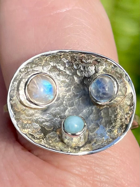 Rainbow Moonstone and Larimar Ring Size 9.5 - Morganna’s Treasures 